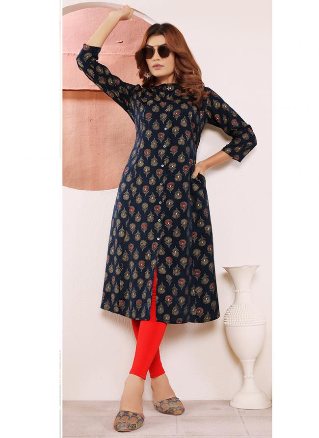 Viscose Muslin Navy Blue Casual Wear Printed Readymade Kurti